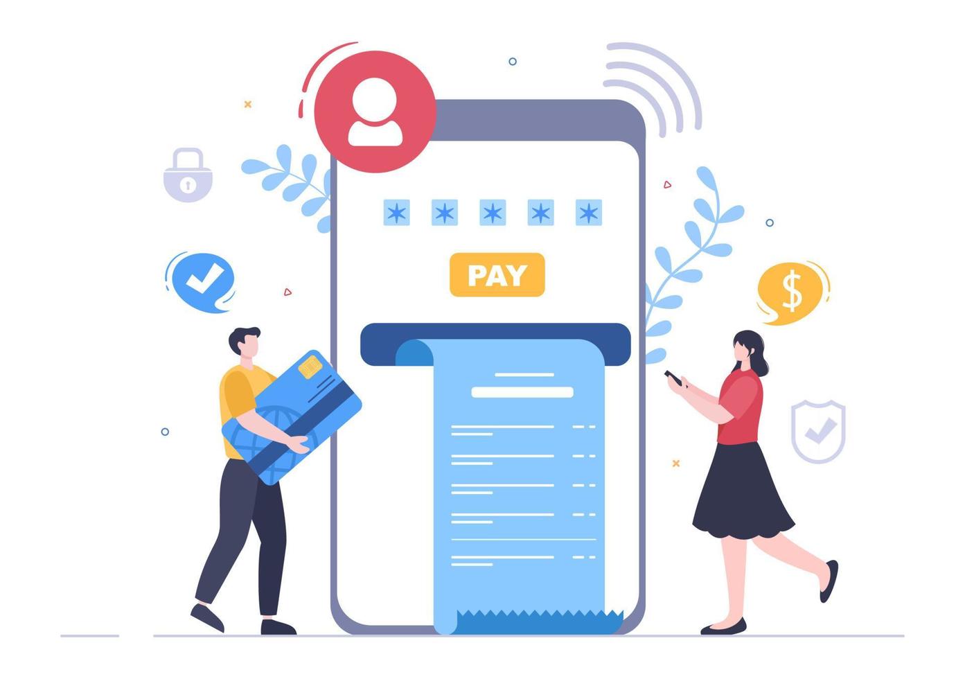 Online E-Banking App, Wallet or Bank Credit Card Vector Illustration with Technology, Data Protection, and Payment Security for Digital Payments Through Smartphones