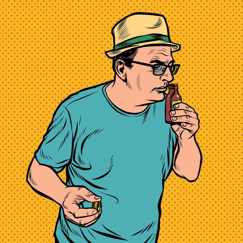 a man sniffs a bottle. perfume or medicine vector