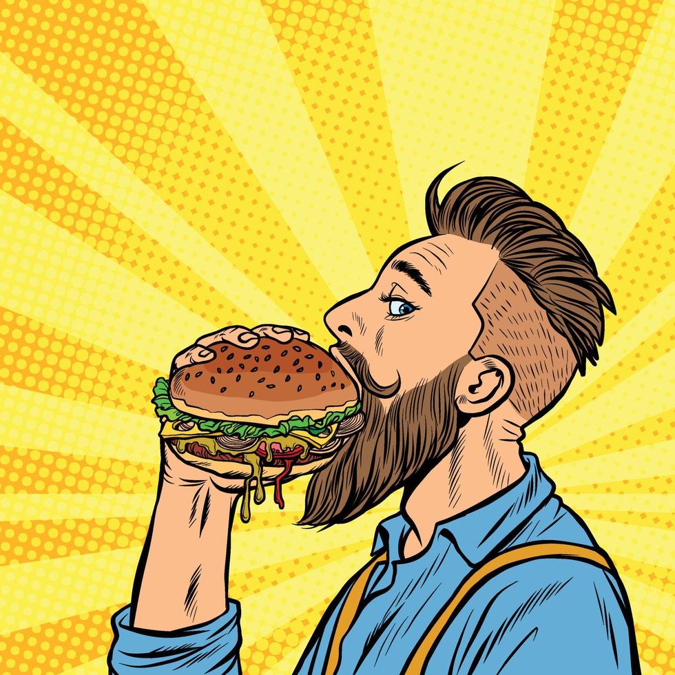 hombre hipster comiendo hamburguesa vector