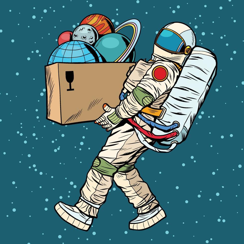 Space exploration concept. astronaut takes the planet in a box vector