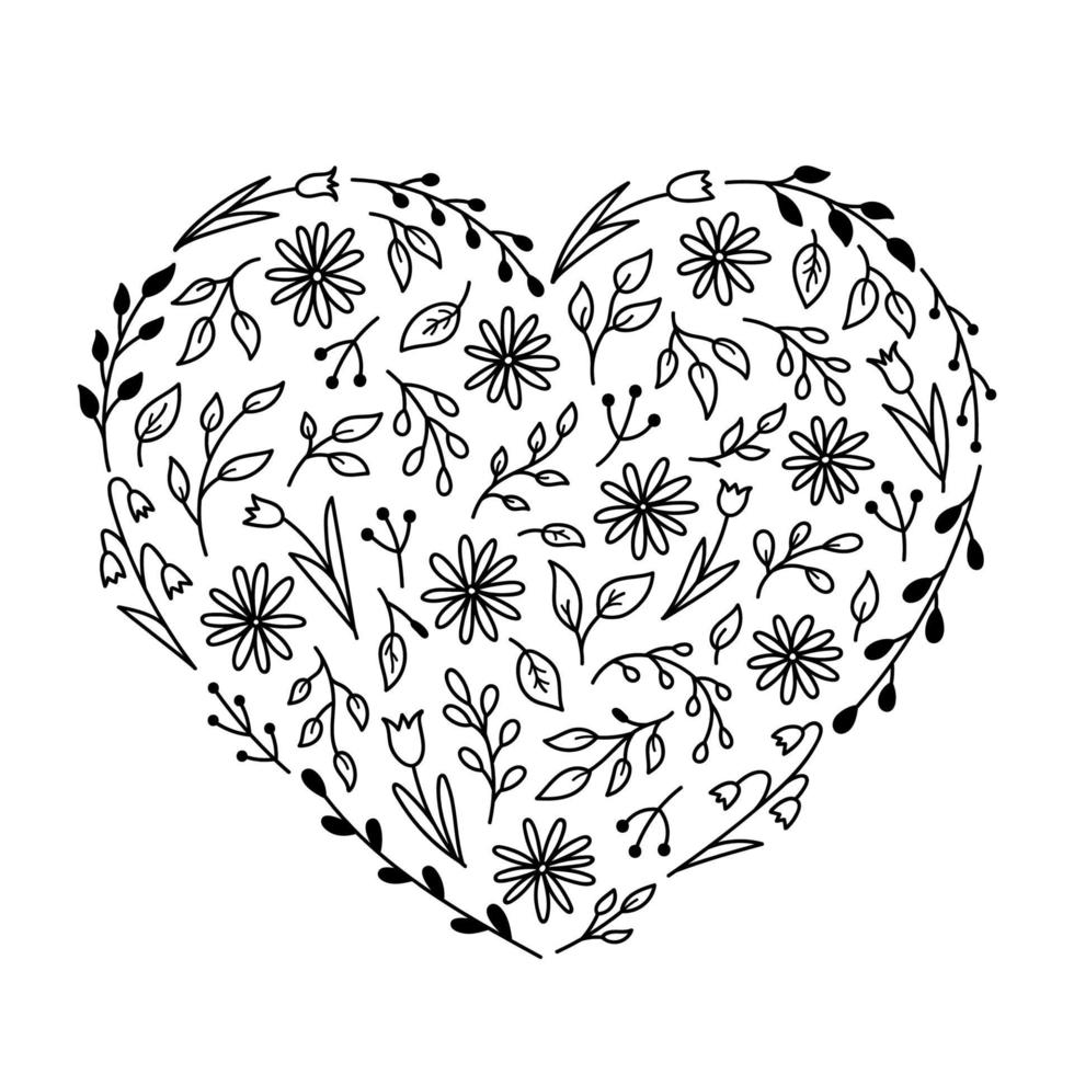 Floral elements in the shape of a heart. Chamomiles, tulips, spring twigs and leaves in doodle style. Vector hand-drawn illustration. Template for the design of greeting cards, invitations, covers.