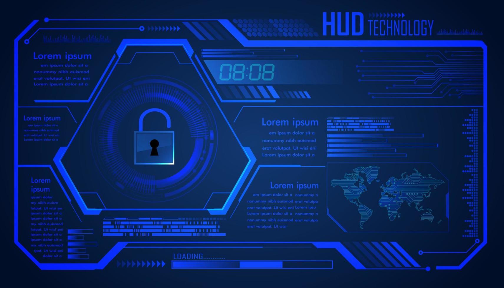 circuito cibernético hud concepto de tecnología futura fondo seguridad, candado cerrado de seguridad, vector