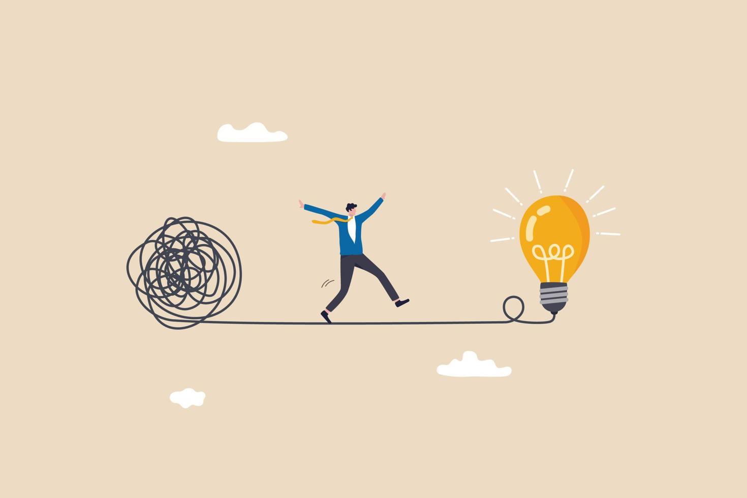 Simplify idea to find solution, thinking process or creativity to solve problem, discover easy way to understand concept, smart businessman walking away from mess chaos line to simple lightbulb idea. vector