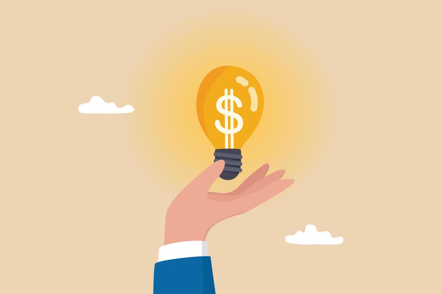 Enlighten money idea, investment and savings with high profit, business idea to make money or profit, innovation or creativity concept, businessman hand hold brightly lit money dollar lightbulb idea. vector