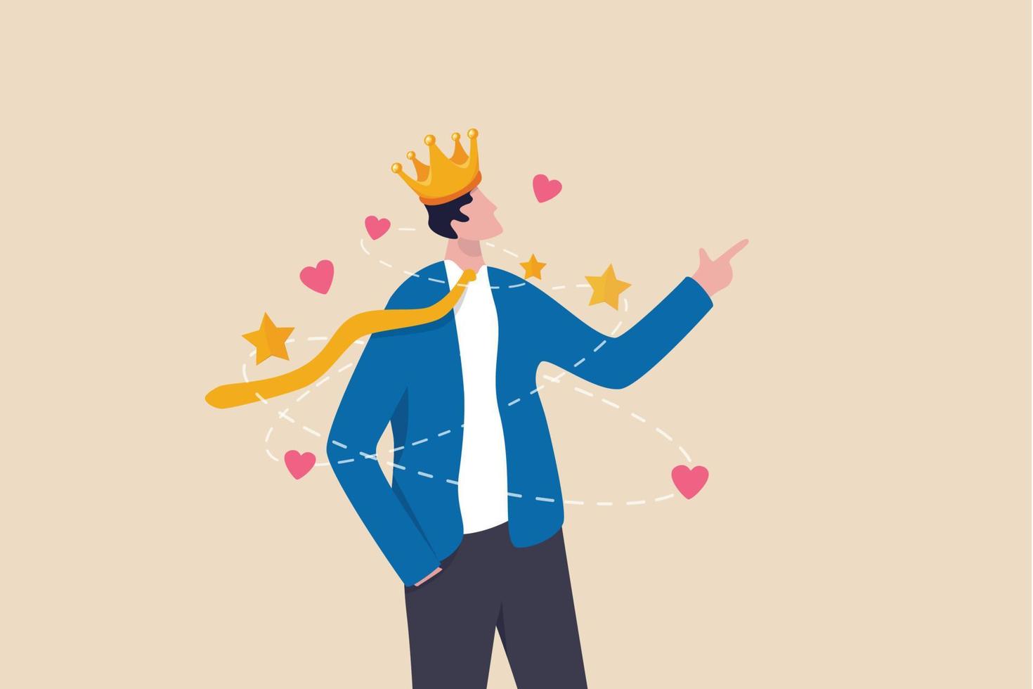 Narcissist people, extreme self involvement too much confident disorder, so proud attitude egocentric person, narcissism businessman admire himself and proud of his crown with love and stars around. vector