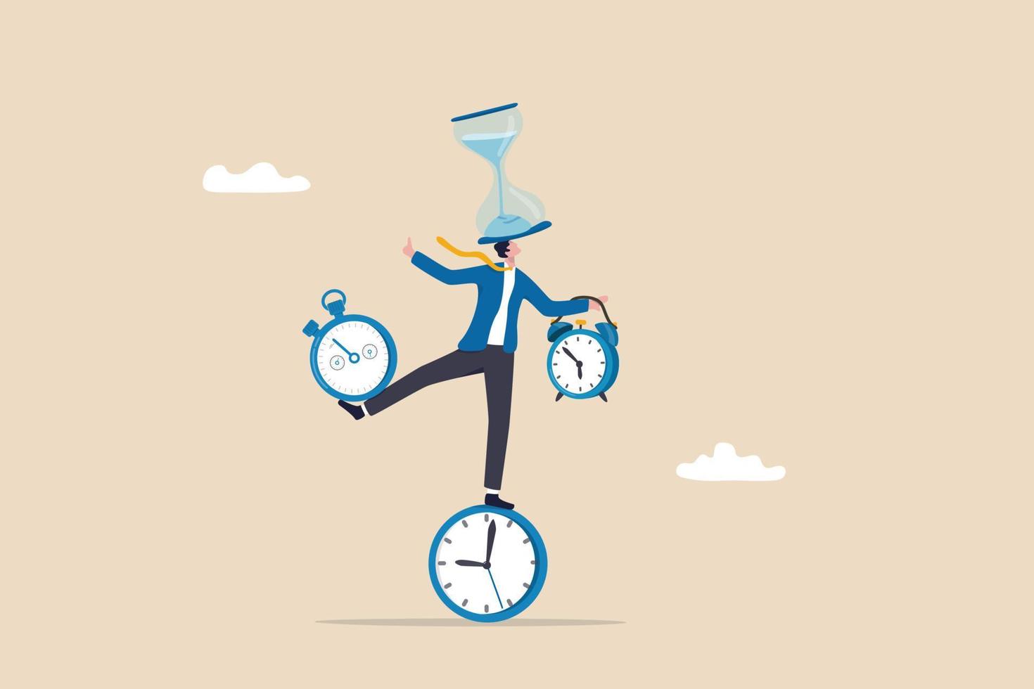 Time management or productivity addiction, work life balance or control work project time and schedule concept, smart businessman balancing all time pieces, sandglass, alarm clock, countdown timer. vector