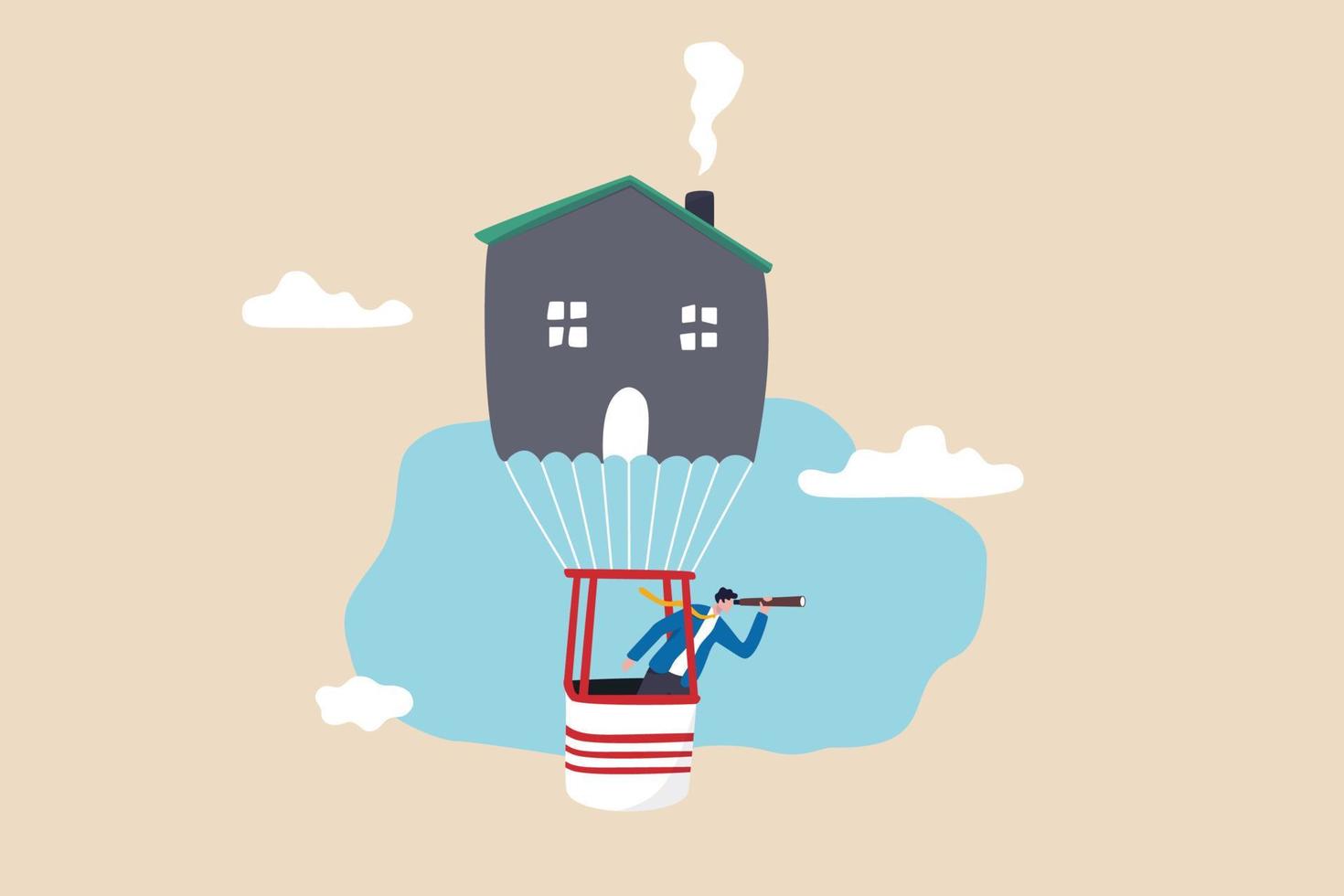 Finding new home or moving to new house, search or discover real estate or property profit, visionary or idea for buy, rent or mortgage loan, smart businessman flying on house balloon to see vision. vector