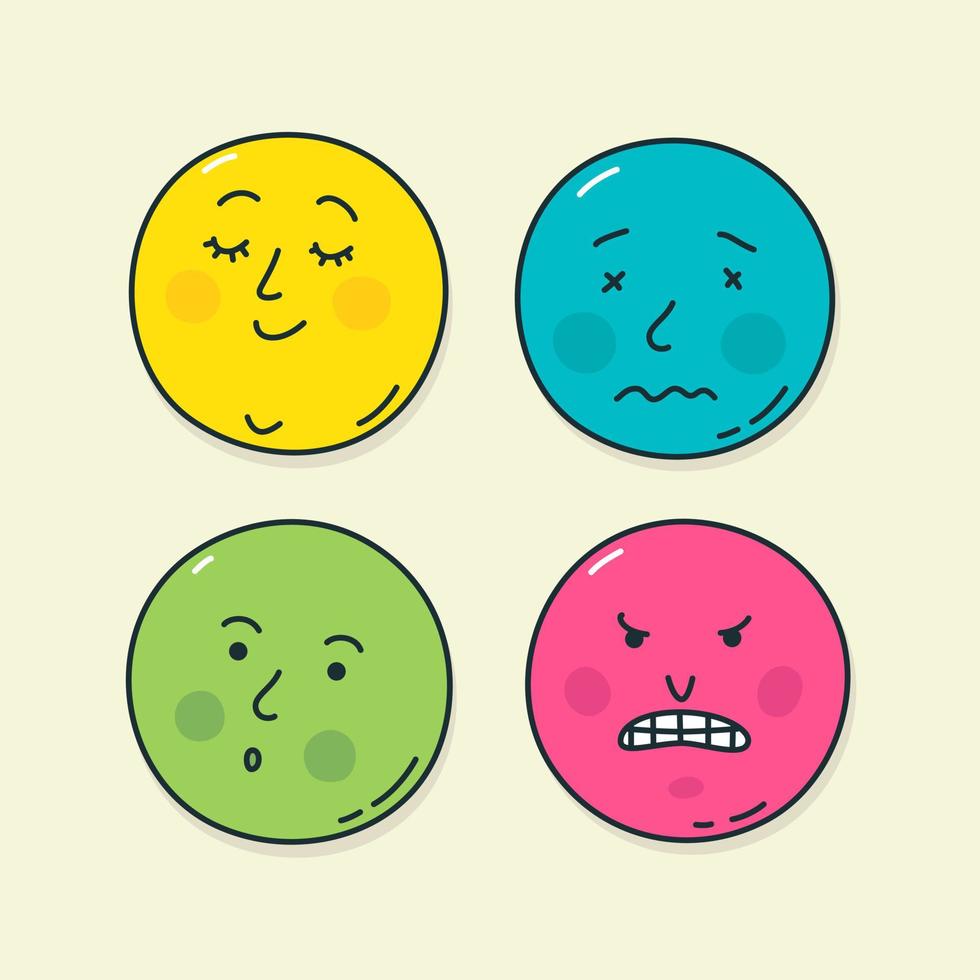 cuatro emoticonos muy populares. vector. ilustraciones de estados emocionales. iconos para sitios web y etiquetas. emoji kawaii. caras regordetas en forma de pegatinas. vector