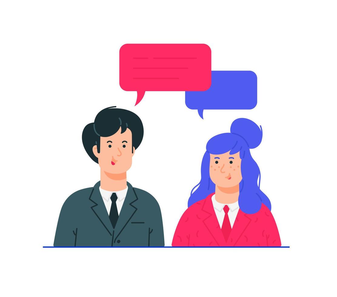 Illustrations of man and woman in business suits. Vector. The couple communicates on the Internet or live. Chatting with a partner. Avatars of a girl and a guy. vector