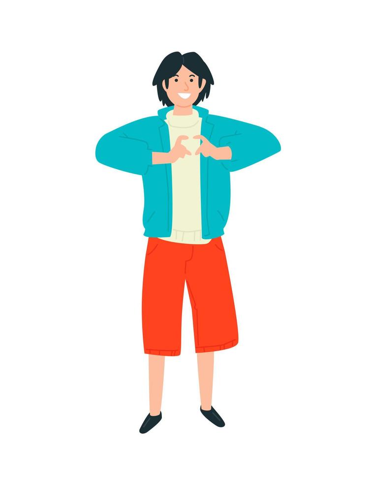 Illustration of a guy showing a heart on his fingers. Vector. A young boy experiences feelings of love for the world around him. Flat style. Image isolated on a white background. vector