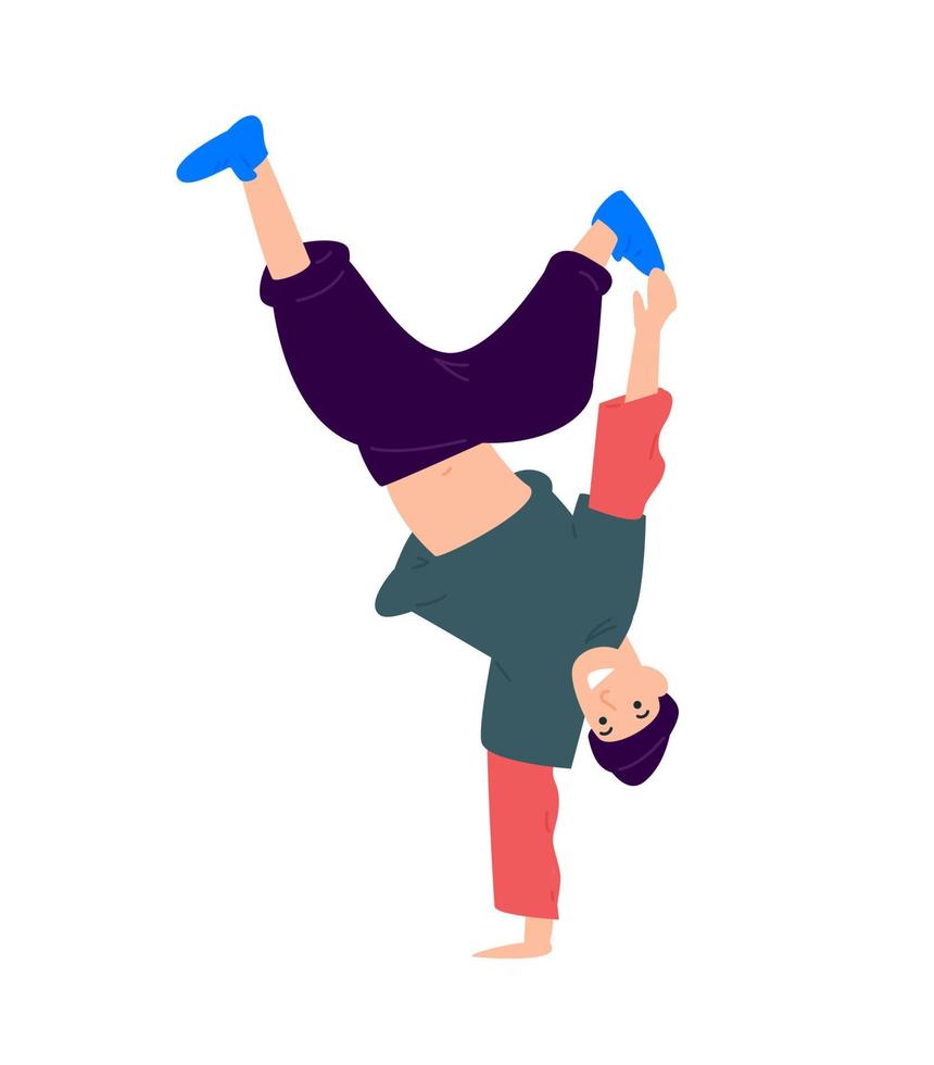 Ilustración de un chico bailando boca abajo. vector. una joven bailarina está de pie sobre un brazo. estilo plano. imagen aislada en un fondo blanco. botín a la cima. el chico está bailando break dance. vector