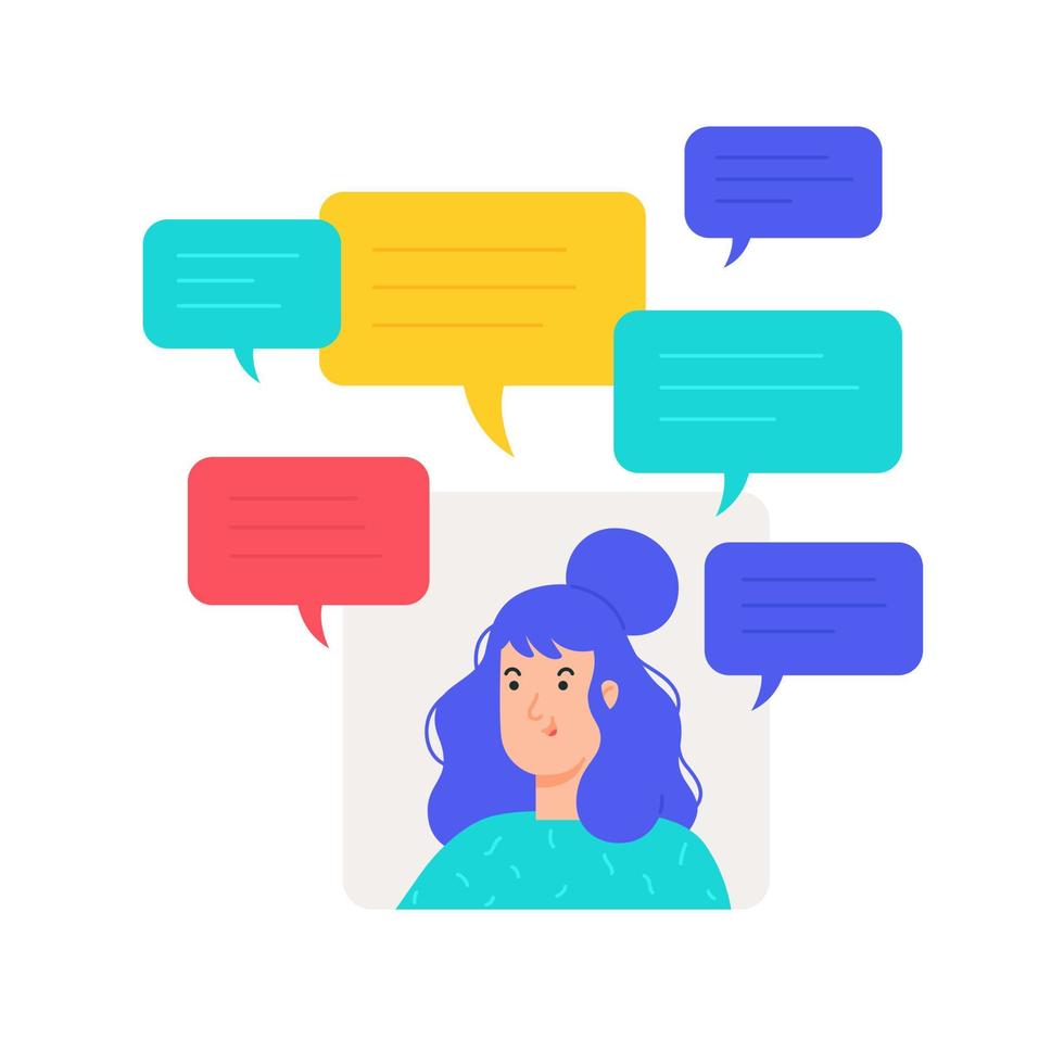 Illustration of avatar girl with text messaging. Vector. Woman in a turquoise t-shirt on a gray background. User profile for the site. Chatting in the messenger. Comic bubbles. vector