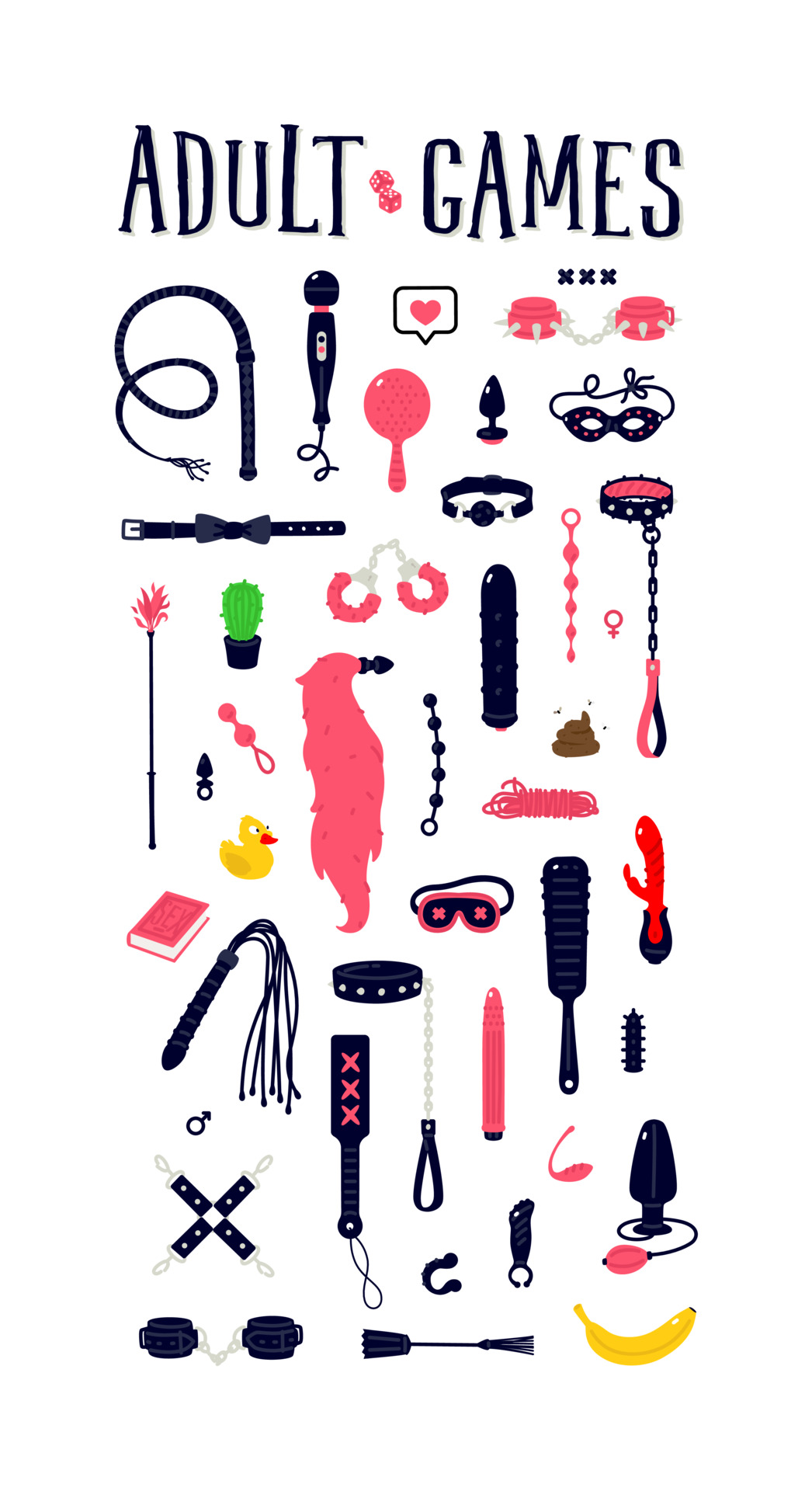 Illustrations and icons of sex toys. Vector. Gagging, lashes and gag  handcuffs. Toys for adults. A pattern of pleasure instruments. Flat cartoon  style. Products for an intimate store. 3715872 Vector Art at