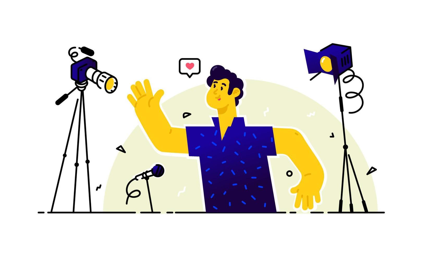 Illustration of a blogger. A young man makes a video for his channel. Vector. The influencer expresses his opinion and makes a review, surrounded by cameras and spotlights. Flat style. vector