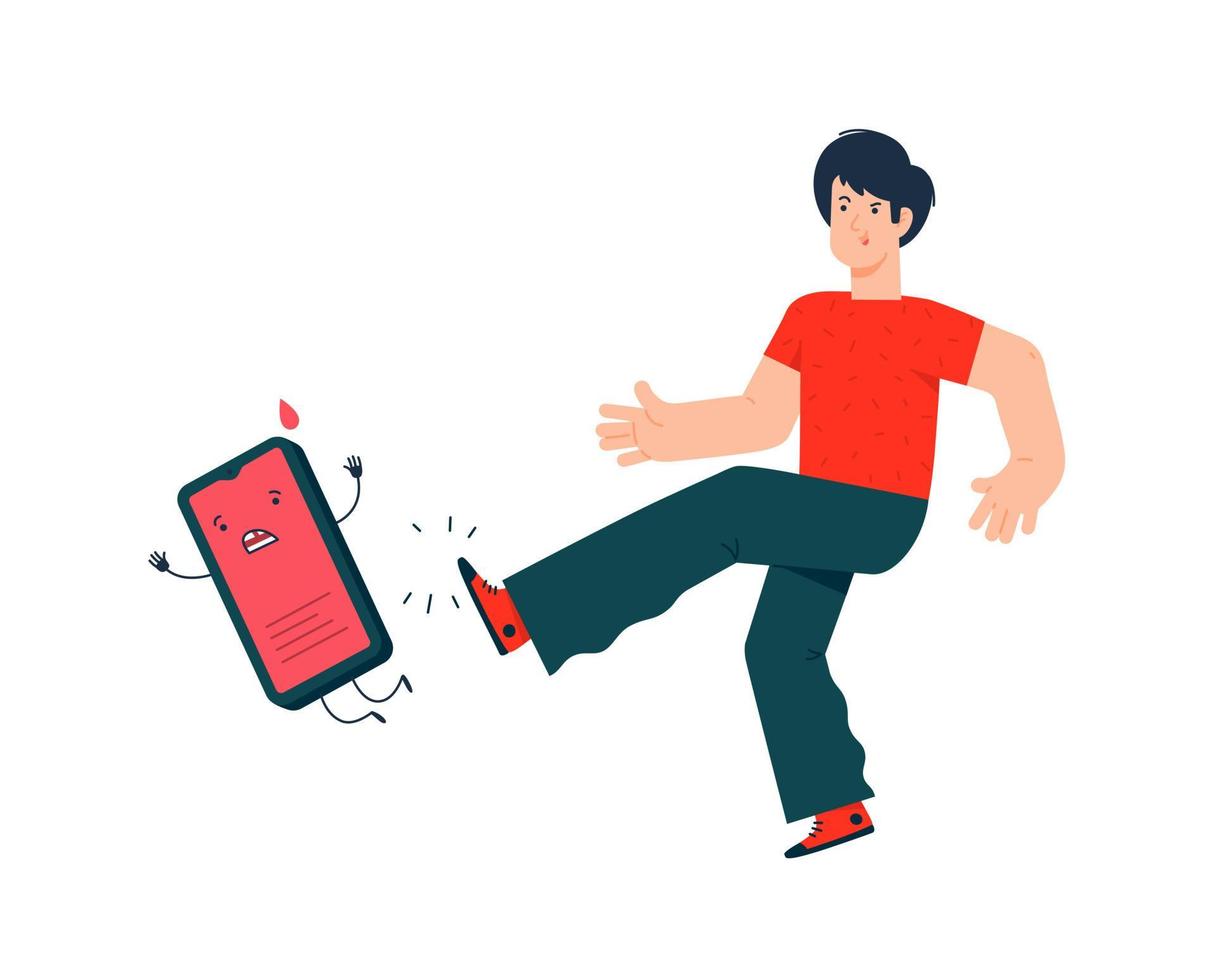 Illustration of a guy kicking a smartphone. Vector. The ban on the use of cell phones. Flat style. Say no to zombie mobile devices. Get free from the phone. Internet addiction. vector