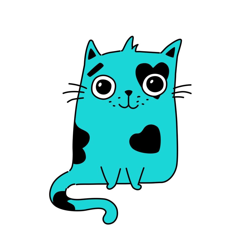 Illustration of a cute kitty. Vector. Turquoise cute cat. Flat kawaii style. Hero for postcards. Mascot for the company, drawing for t-shirts. vector