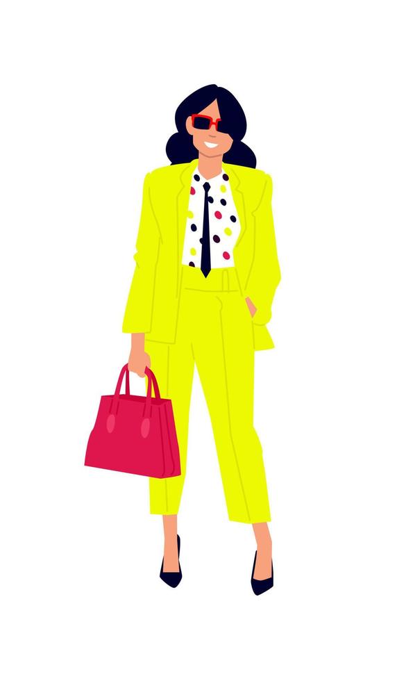 Illustration of a cute girl in a yellow suit. Vector. Woman shopper shopper with purchases. Casual style of dress. Flat style. Image is isolated on a white background. vector