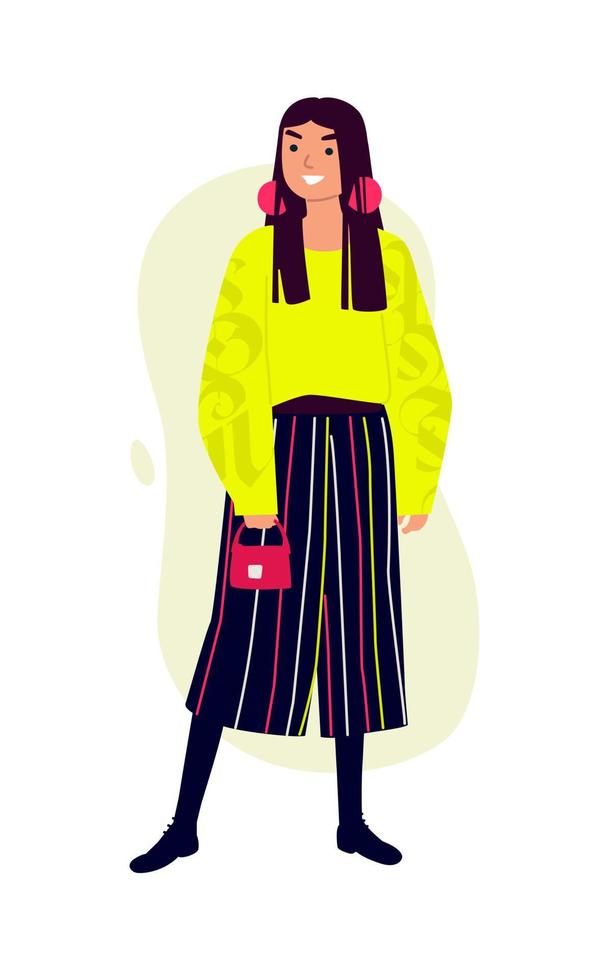 Ilustración de una chica de moda con un suéter amarillo brillante y pantalones a rayas. vector. mujer con un bolso rojo. estilo casual de vestir. estilo plano. la imagen está aislada en un fondo blanco. vector