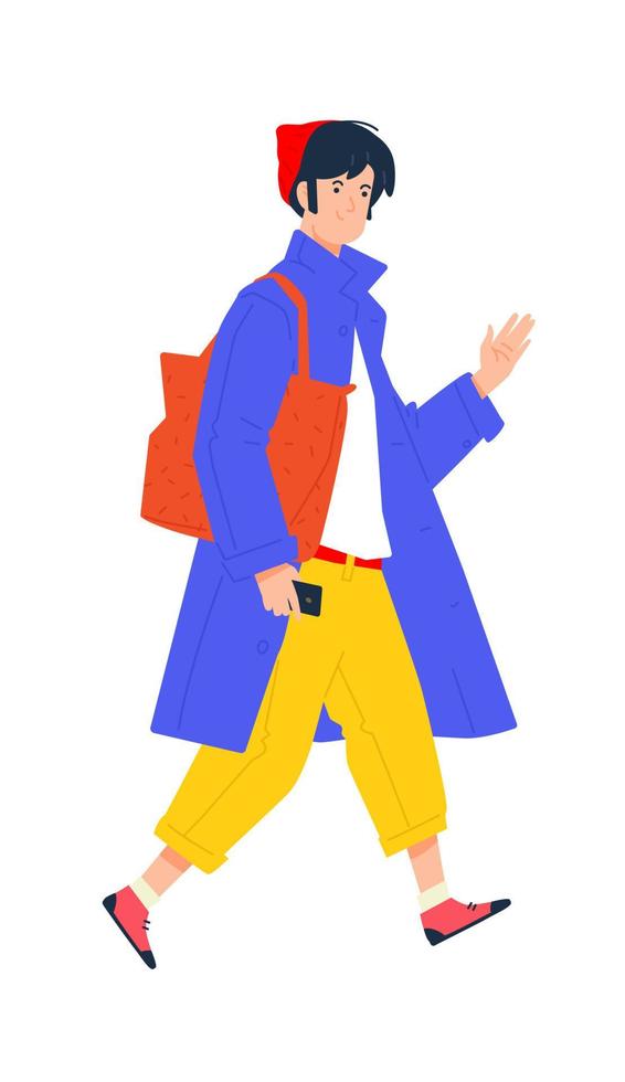 Illustration of a young man in a blue cloak and with a brown bag. Vector. Stylish hipster in yellow pants. A fashionable guy walks in a red cap and with a phone. vector