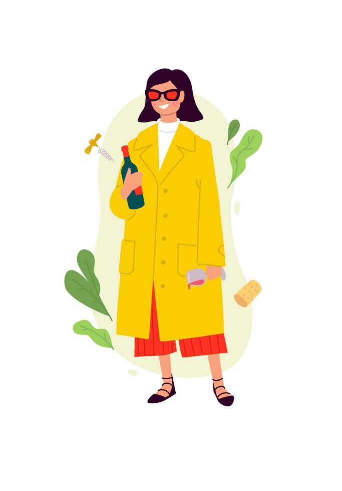 Illustrations of a girl with a glass of wine and a bottle in a yellow cloak. Vector. The woman celebrated the holiday. Having fun all night on the fly. The party was a success. A bit drunk lady. vector