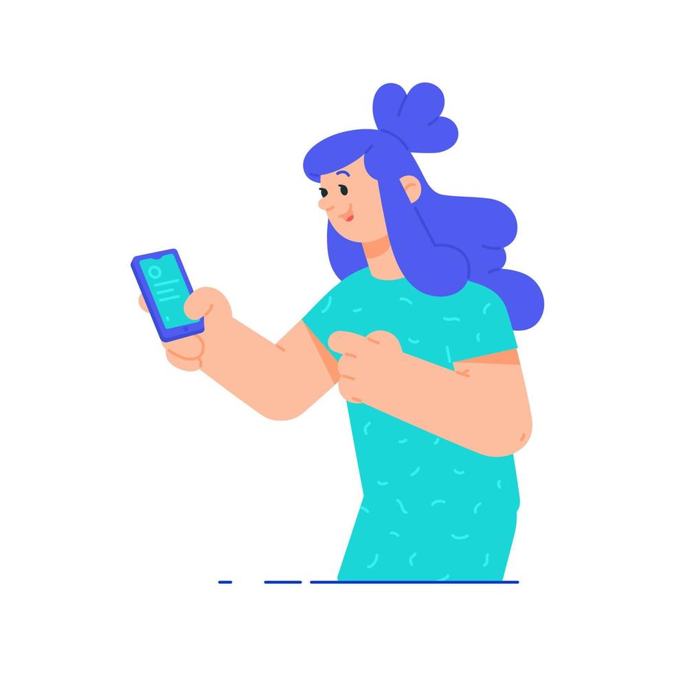 Illustrations of a girl with a phone. Vector. A woman in a birch dress is using the telephone. Communication in instant messengers by phone, online applications. Cute girlish look. vector
