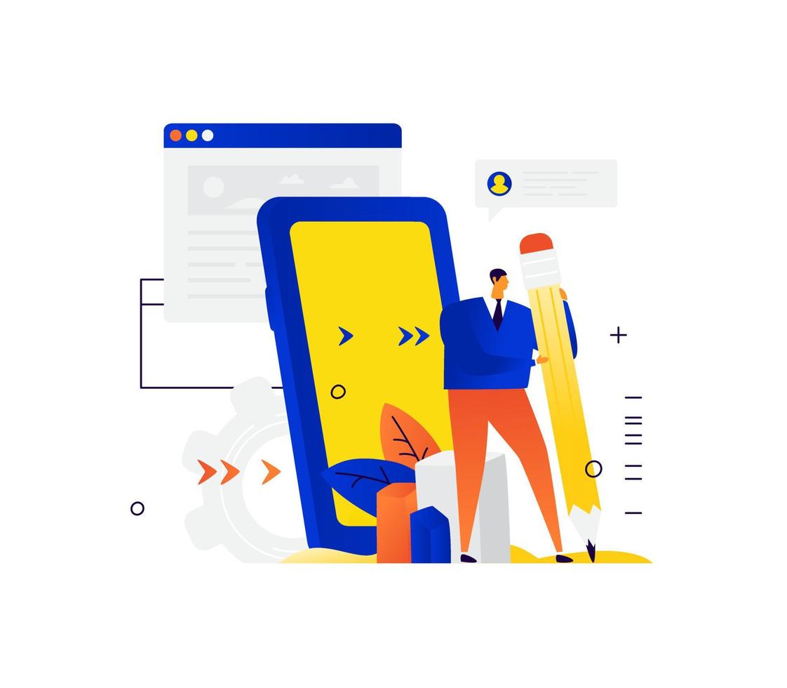 Illustration of a businessman holding a big pencil. Vector. Metaphor. A man on the background of the interface and the phone writes a message. Communication in instant messengers and chats. vector