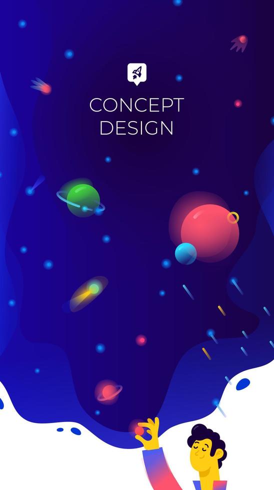 Illustration of free space, planets and satellites. Vector. The guy sleeps and dreams. Flat gradient. A metaphor about dreams and goals. A man creates other worlds, including his beautiful world. vector