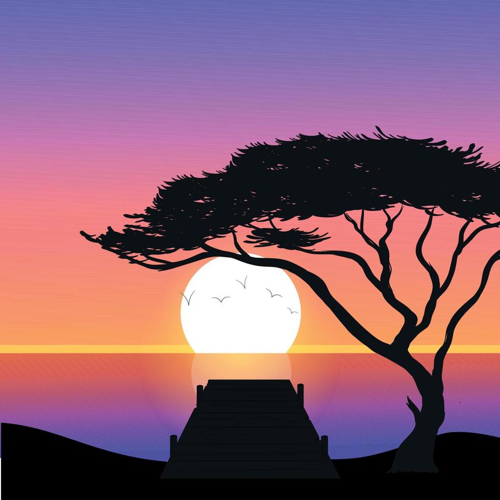 Vector illustration of a sunset with a pier