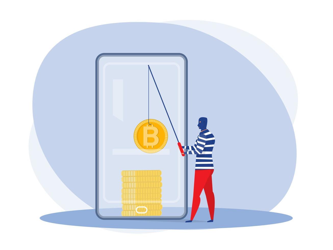 Cyber hacker fishing up bitcoin  from a mobile phone  attack concept vector illustrator.