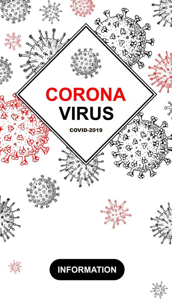 diseño de virus vertical con elementos dibujados a mano para pancartas, historias de redes sociales, tarjetas, folletos. virus de microscopio de cerca. ilustración vectorial en estilo boceto. covid-2019 vector