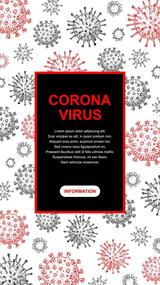 Vertical virus design with hand drawn elements for banners, social media stories, cards, leaflets. Microscope virus close up. Vector illustration in sketch style. COVID-2019