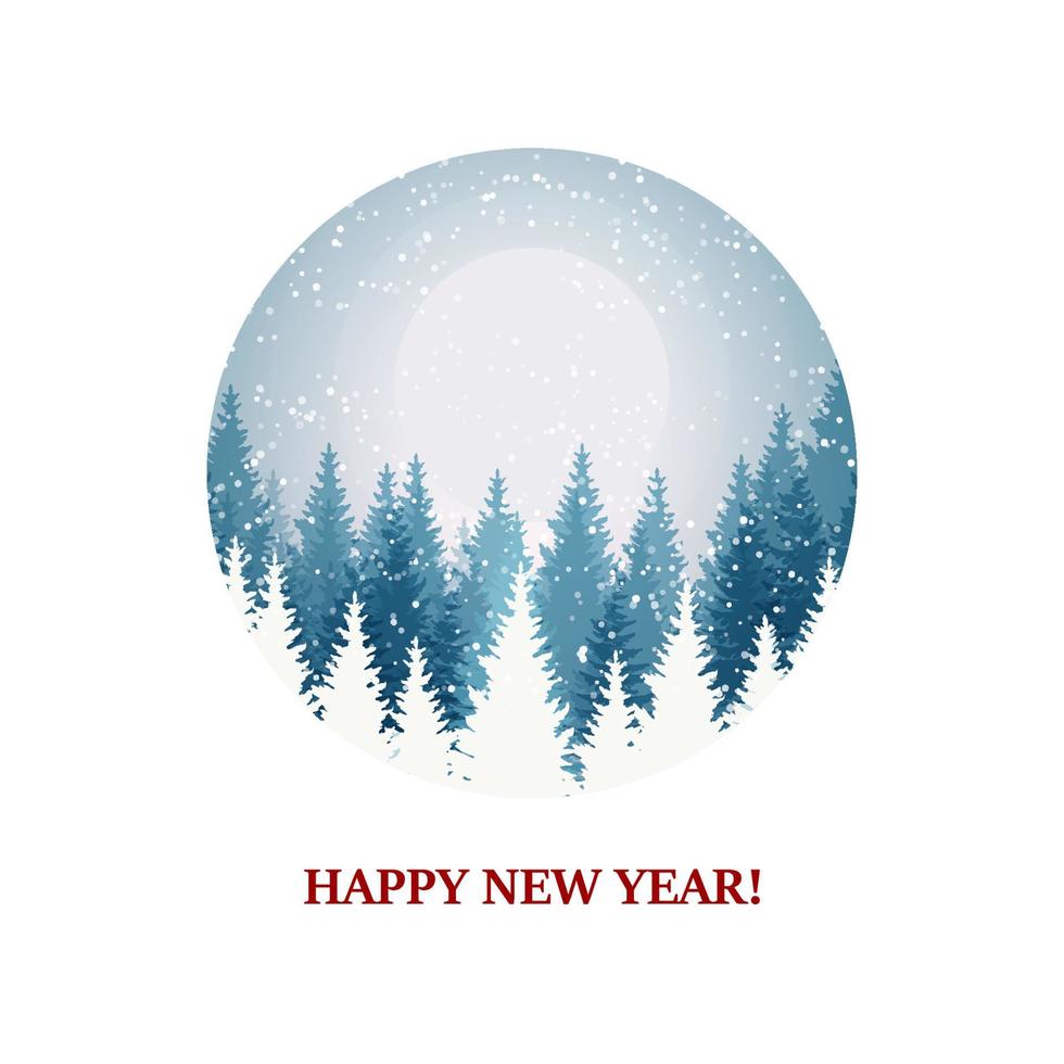 Merry Christmas and Happy New Year design with beautiful winter scenery. Blue Christmas tree landscape with snow. Vector illustration with hand drawn elements