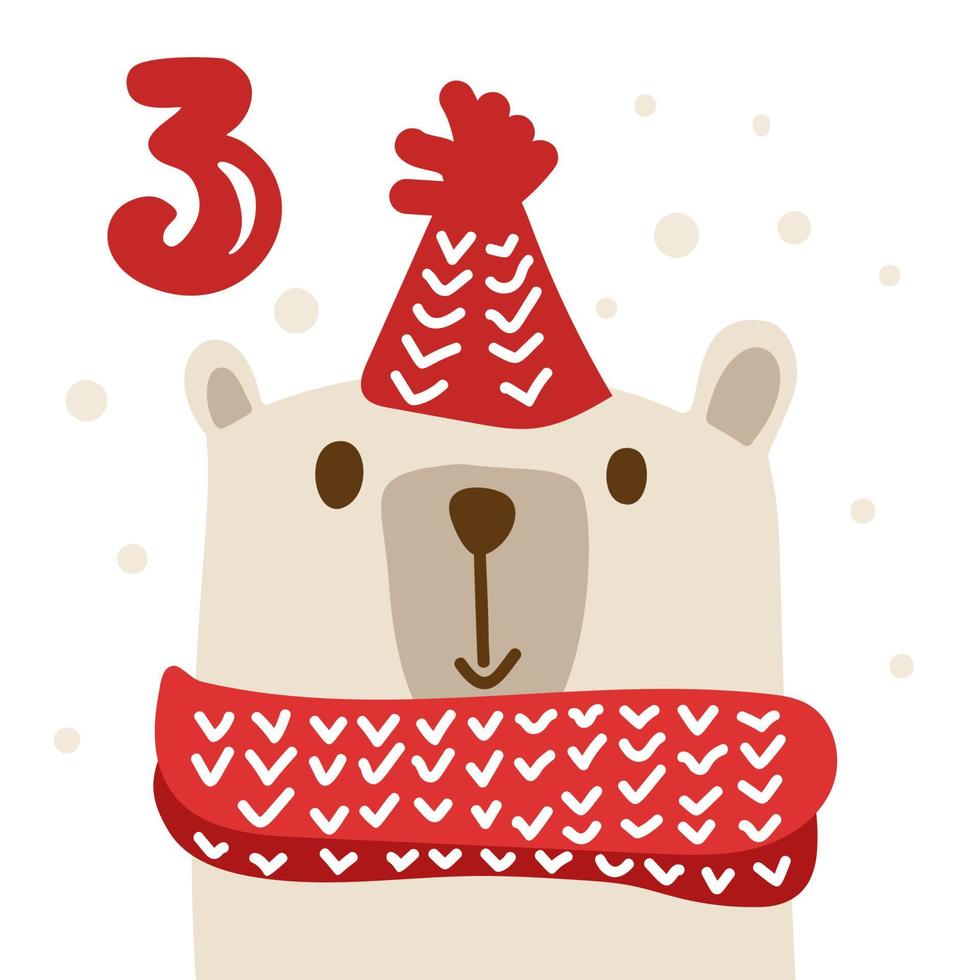 Winter vector Illustration of nordic happy bear. Christmas Advent calendar twenty five days before holiday xmas, three Day. cute scandinavian hand drawn