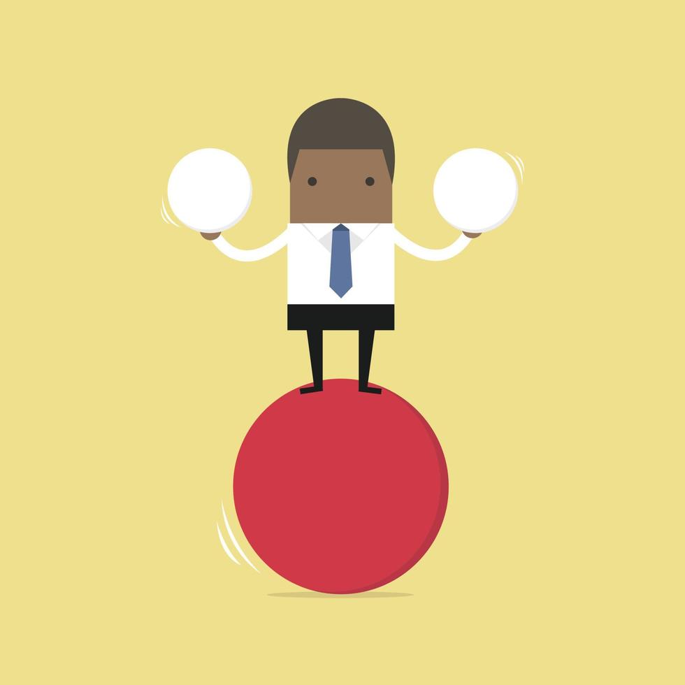 African businessman balancing on red ball holding two spheres. vector