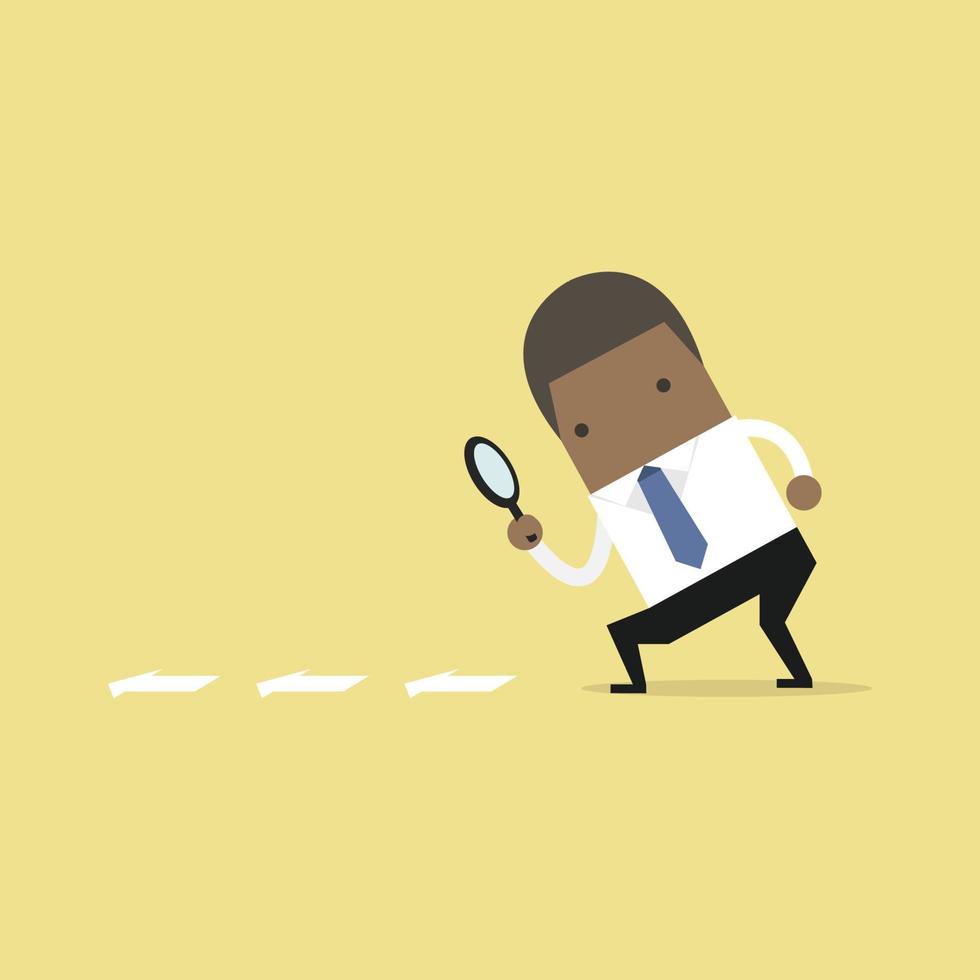 African businessman searching through a magnifying glass. Searching, details, clue concept. Flat cartoon style. vector