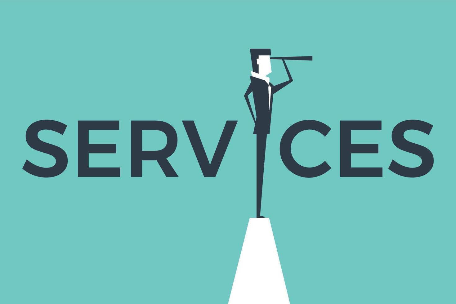 Service concept vector illustration with business man looking through telescope from a cliff.