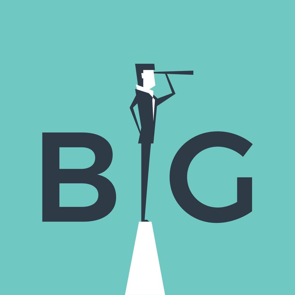 Big deal concept vector illustration with business man looking through telescope from a cliff.