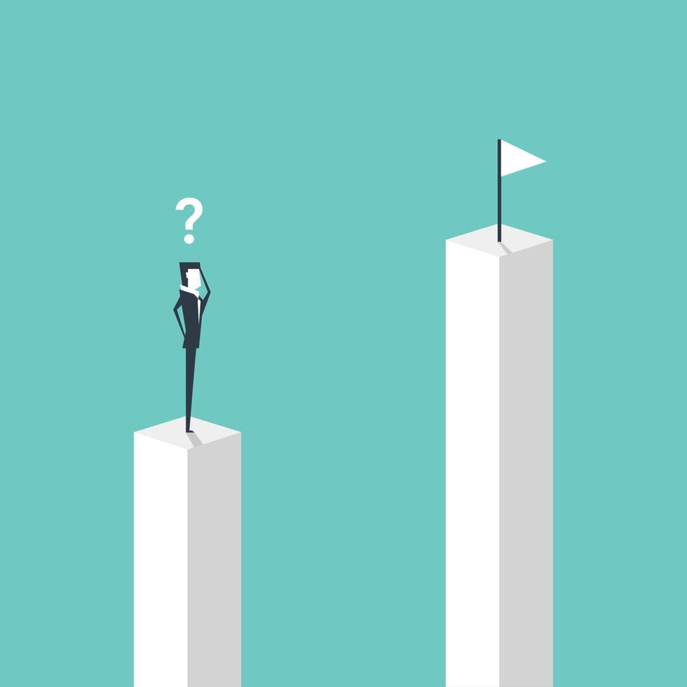 Businessman standing on pillar and looking to target on higher pillar, business vision concept cartoon. vector