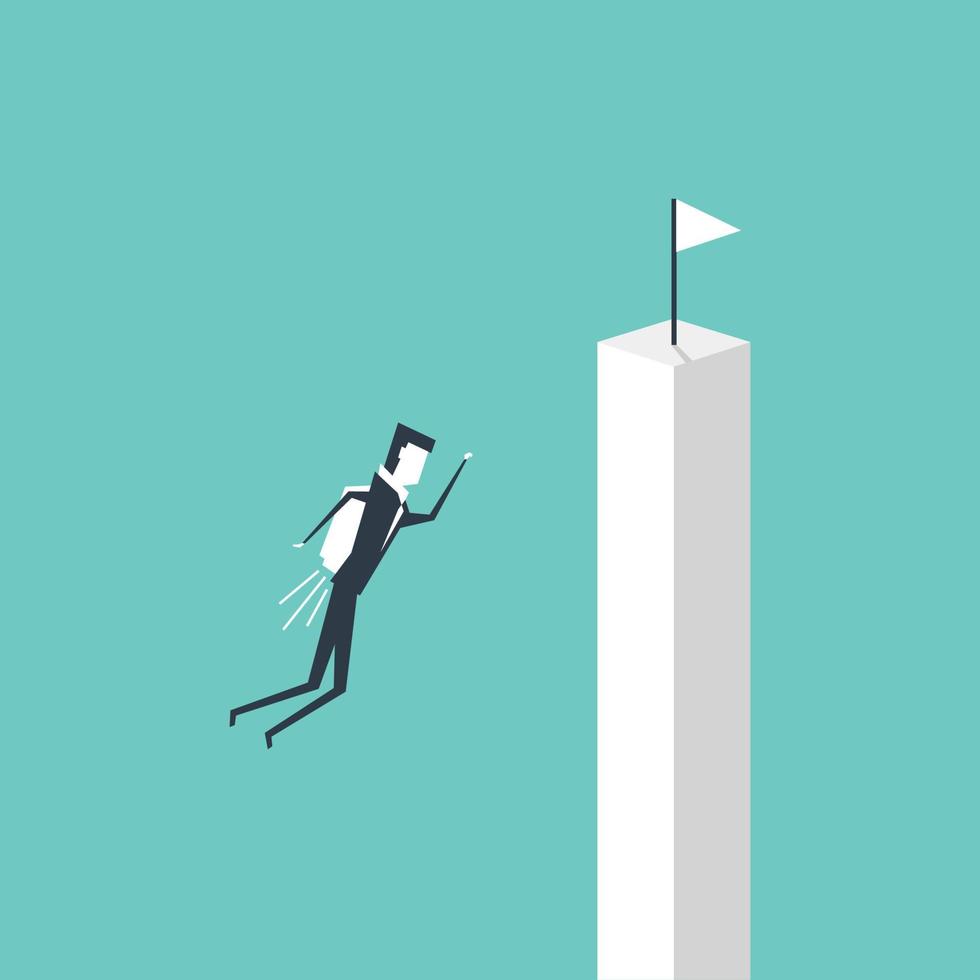 Businessman flying to white flag on cliff, business vision concept. vector