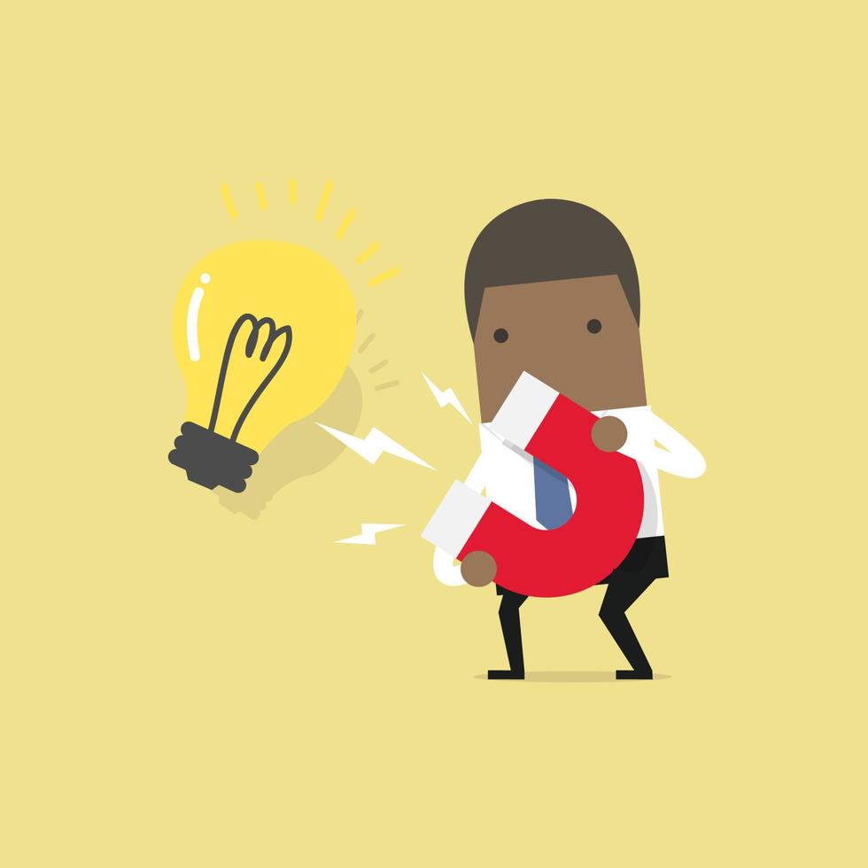 African businessman attracting light bulbs with a large magnet. vector