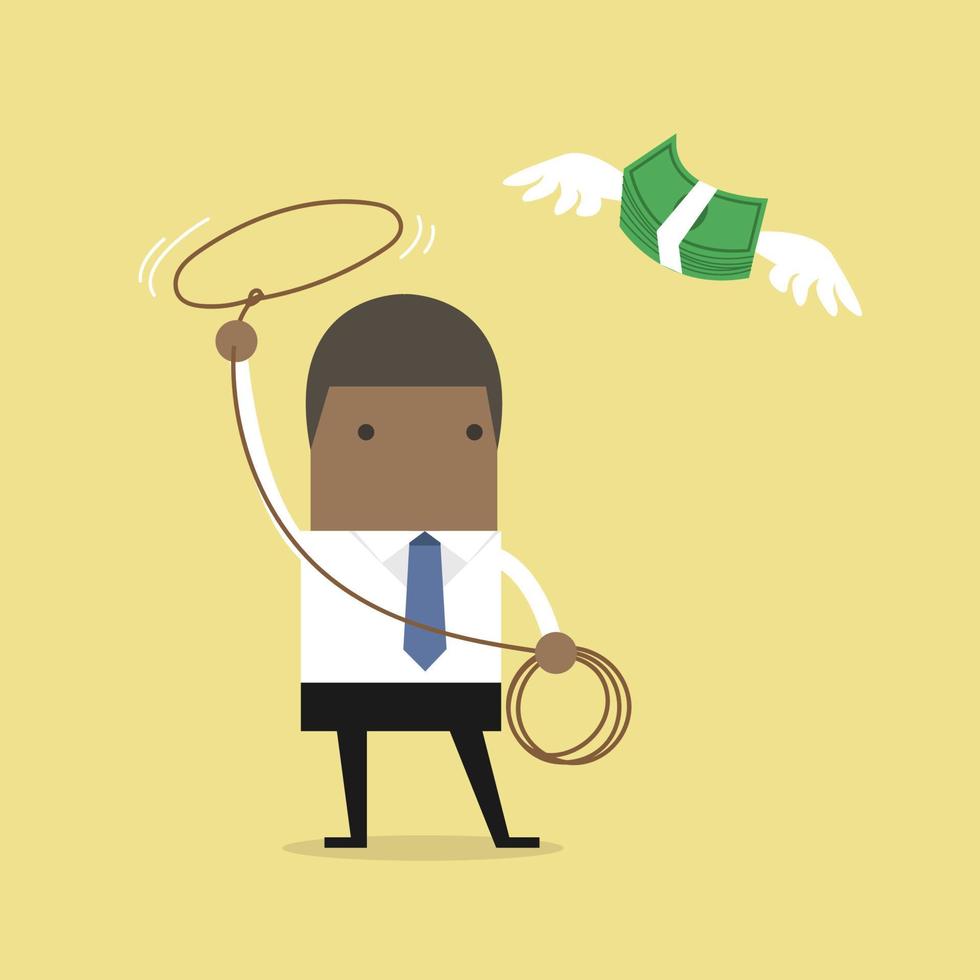 African businessman chasing flying money by rope, Financial concept. vector