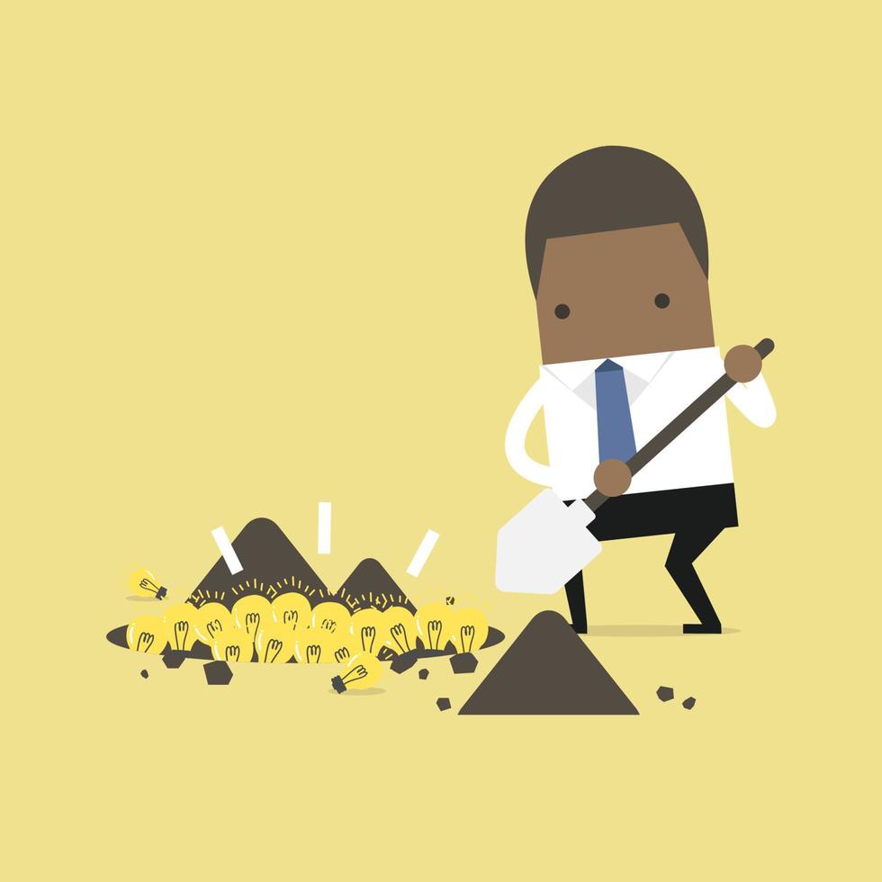 African businessman digging a ground to find an idea. vector