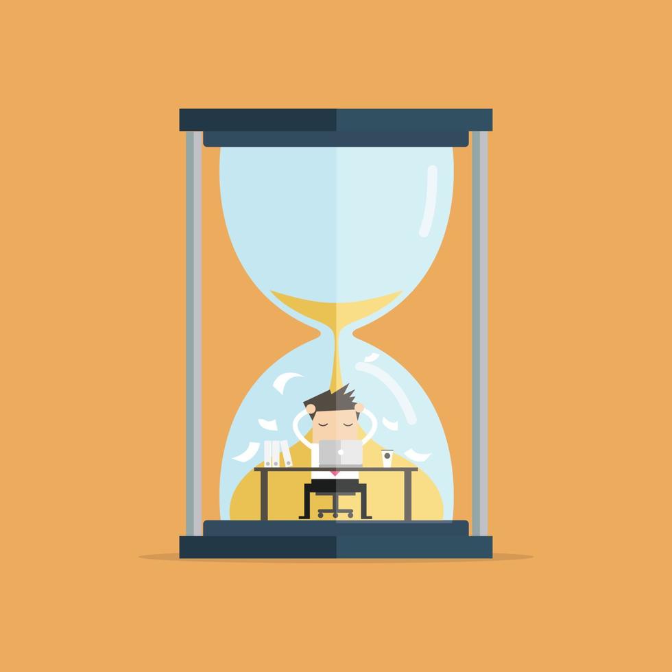 Businessman work hard at computer over big sand watch deadline concept. vector