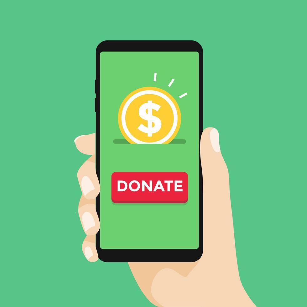 teléfono inteligente de donación en línea con mano y dinero. vector