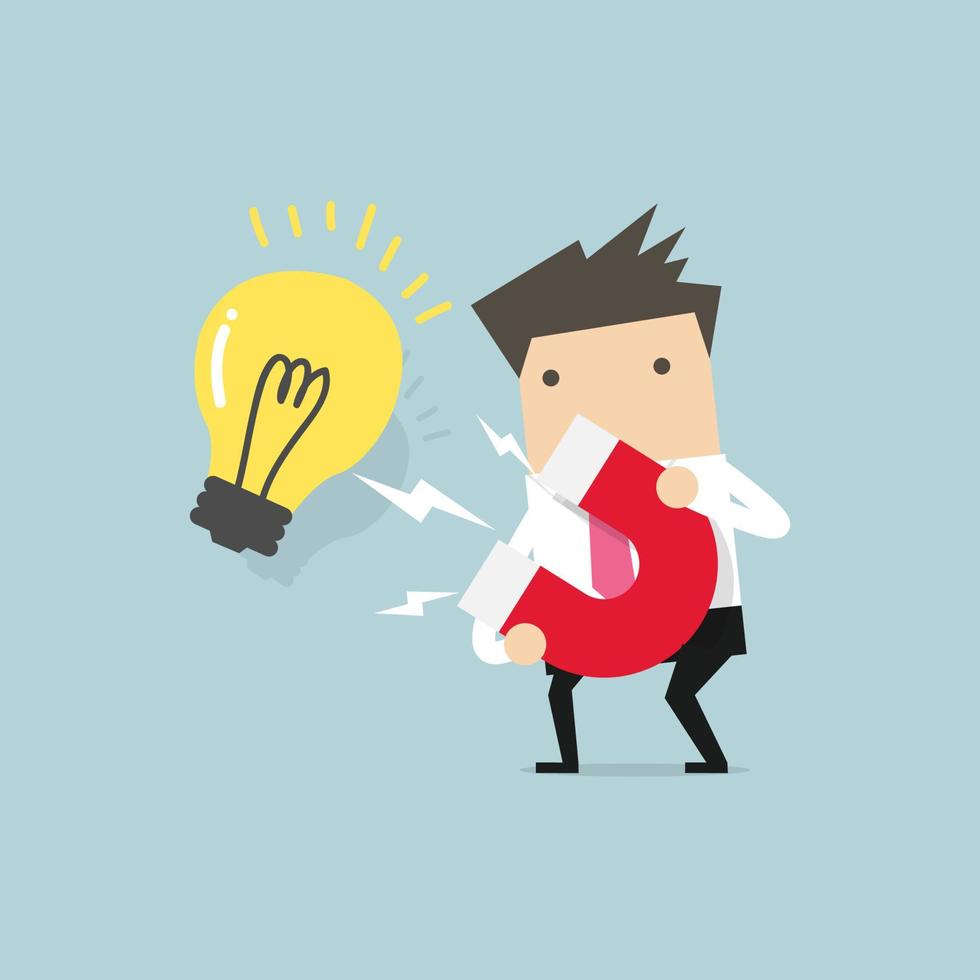 Businessman attracting light bulbs with a large magnet. vector