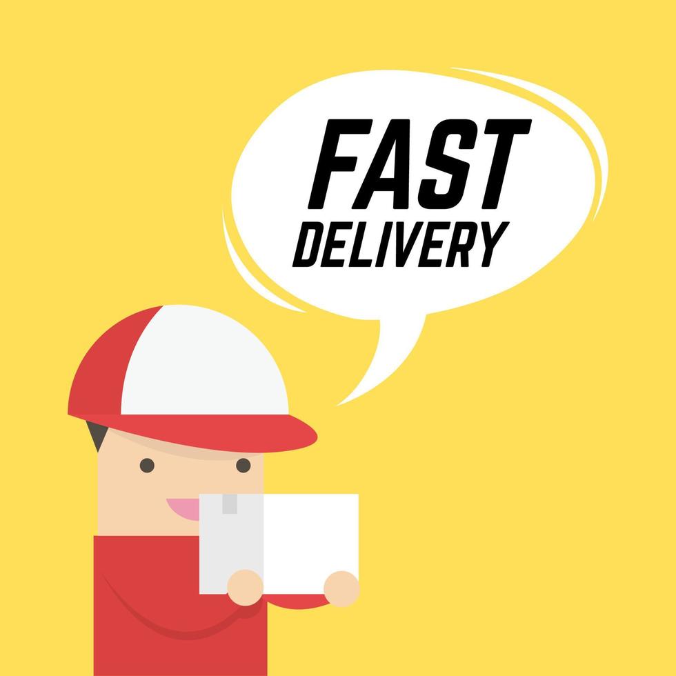 Fast delivery Service. Express delivery courier service. Man courier with box in his hands. vector