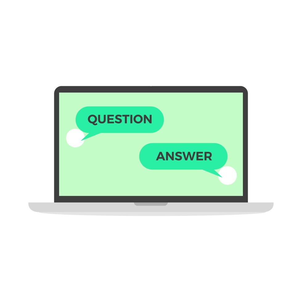 Question and answer in online chat computer notebook laptop. vector