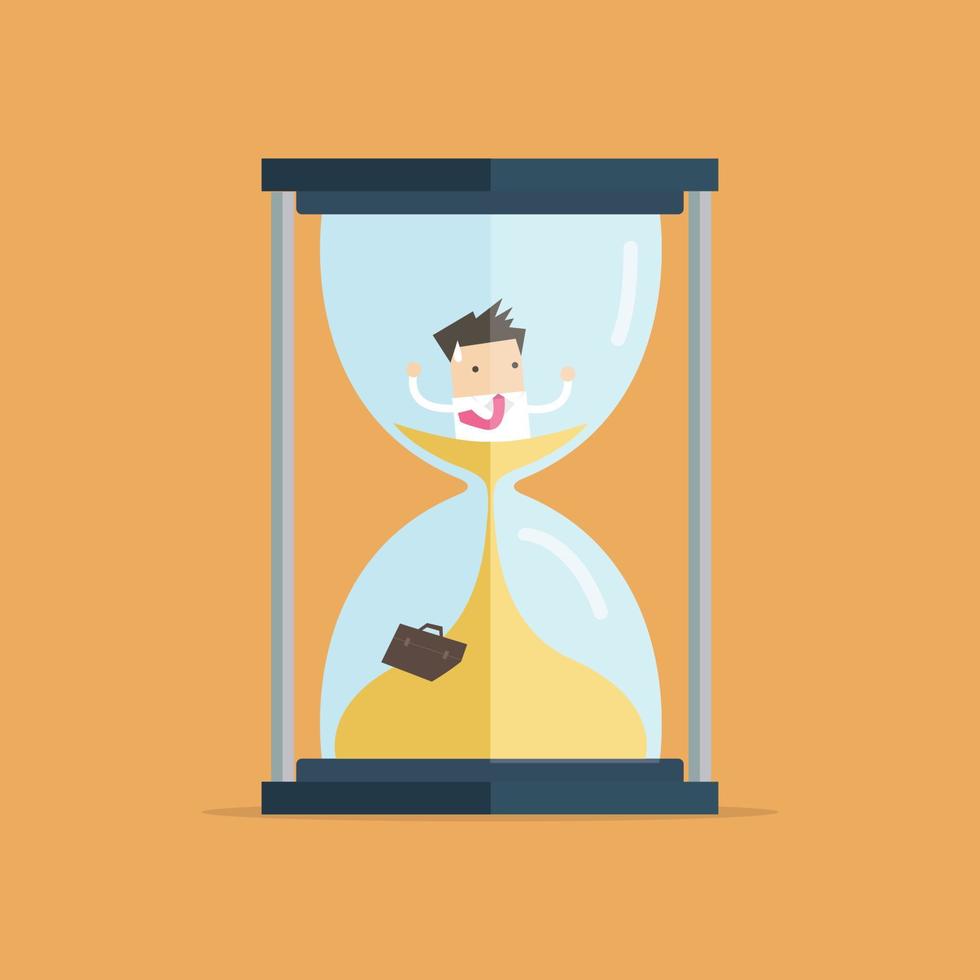 Businessman be trapped in hourglass and sinking in sand. Expired deadline, business time management, time is running out themes design. vector