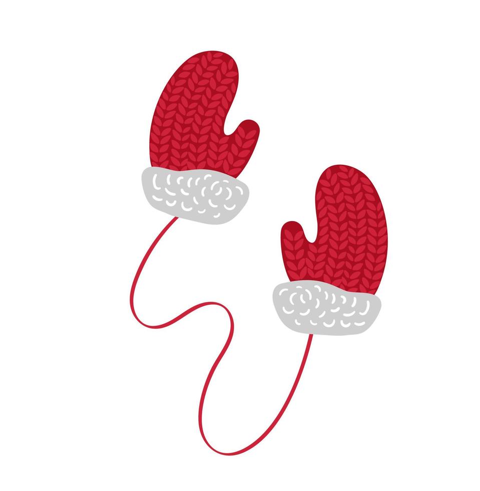 Vector illustration pair of knitted christmas red knitted santa mittens on white background. Winter greeting card