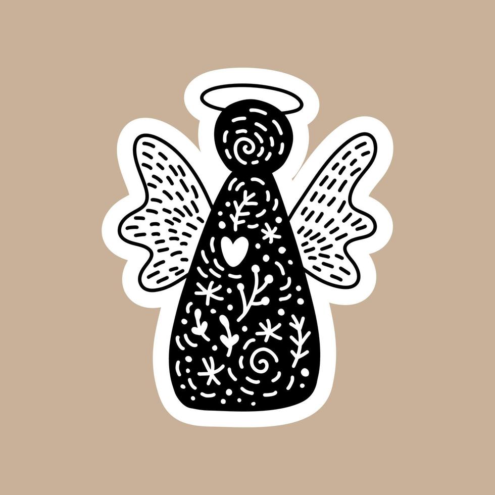 Christmas Black vector sticker with cute and funny xmas angel. Hand drawn scandinavian badge character for notebook, scrapbook or planner. flat graphic isolated illustration